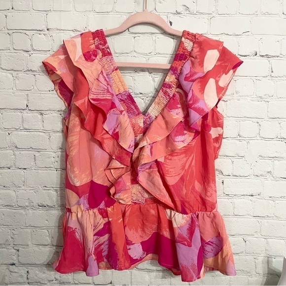 Pink Orange Purple Ruffle Summer Deep V- Neck Top Size Medium - Picture 2 of 7